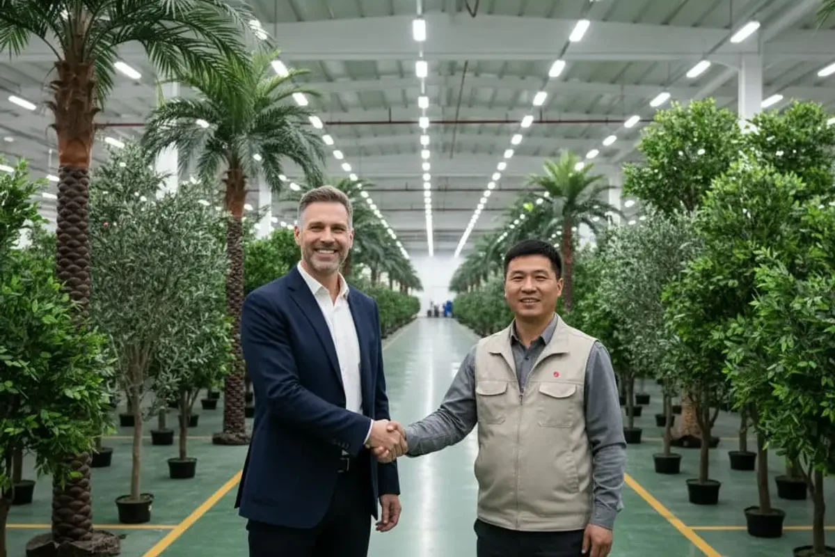 Western client and LaySun factory manager shaking hands inside the manufacturing facility, rows of finished artificial trees stretching into the background