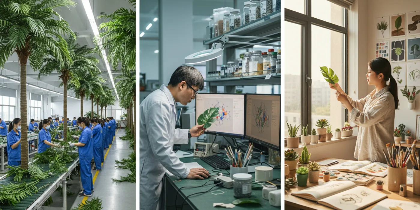 LaySun team — factory workers assembling artificial palm trees on the production floor, R&D engineer analysing a leaf sample, and designer sketching in the studio