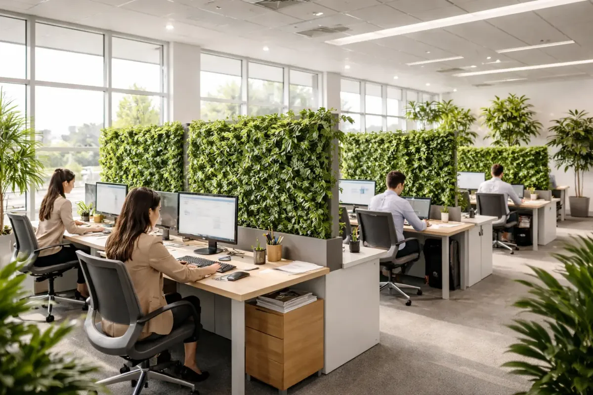Modern open-plan office with artificial green wall dividers between workstations, employees working in bright natural light