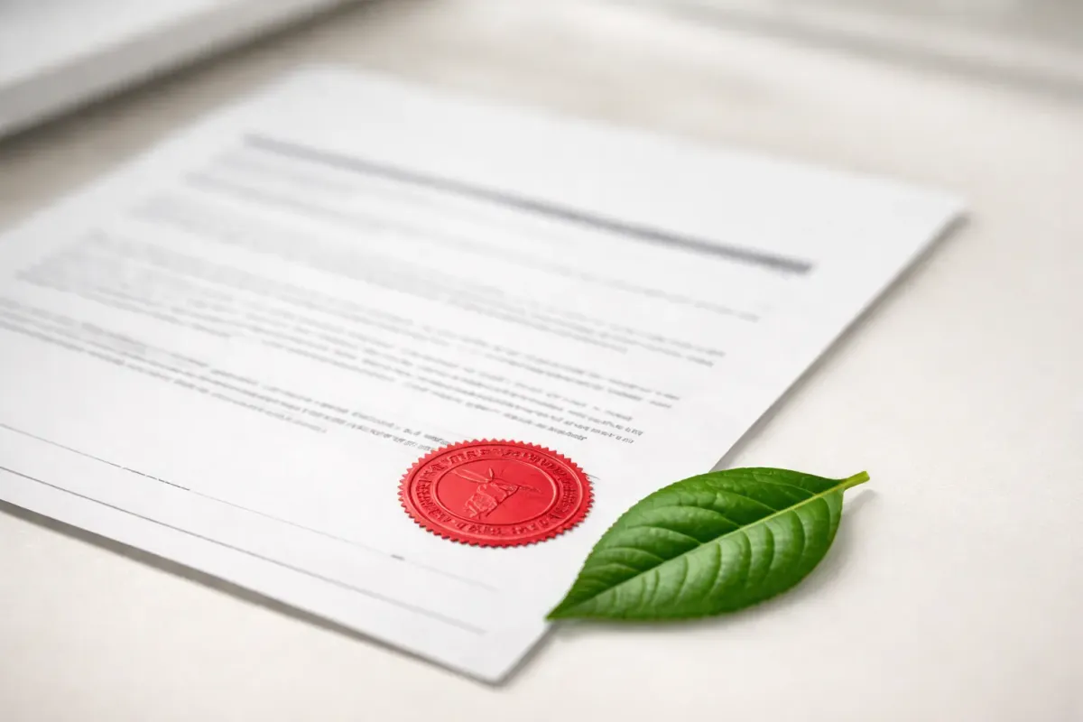 Fire safety certificate with official red seal beside a green plant leaf