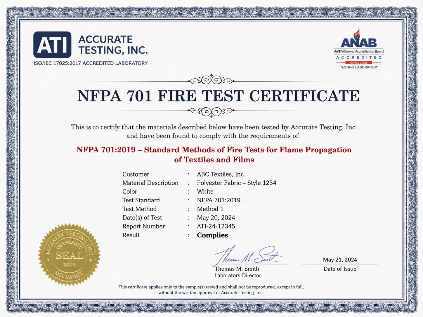 Close-up of an NFPA 701 fire test certificate from an accredited laboratory