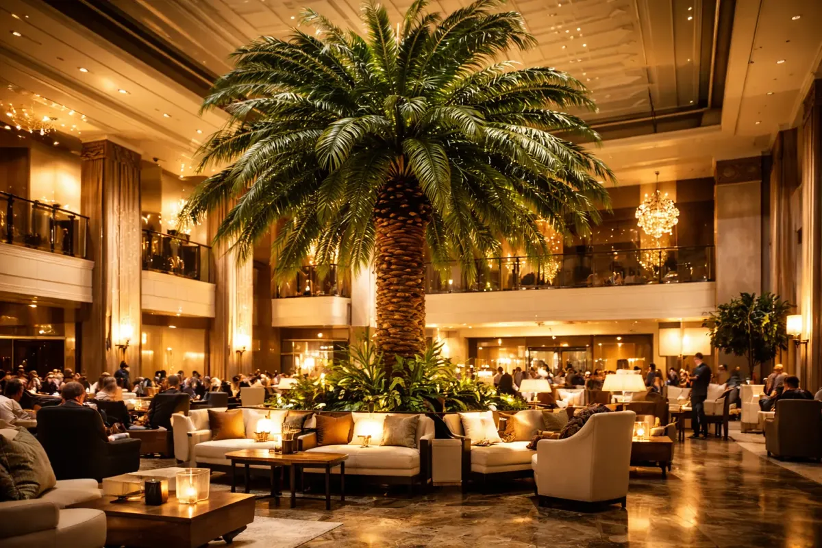 Luxury hotel lobby with dramatic oversized artificial palm tree as centrepiece, warm golden lighting