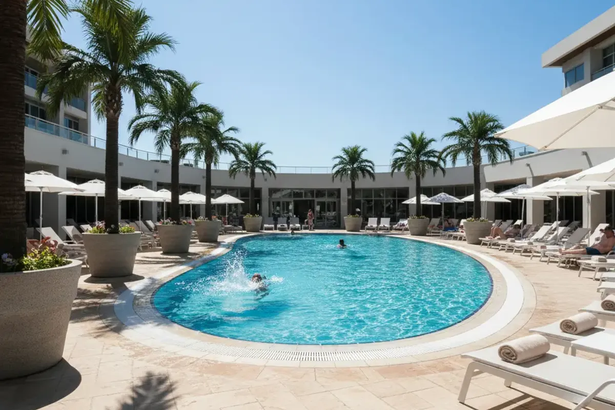 Hotel pool terrace in direct midday sunlight with artificial palm trees in planters, blue sky, sun-drenched scene