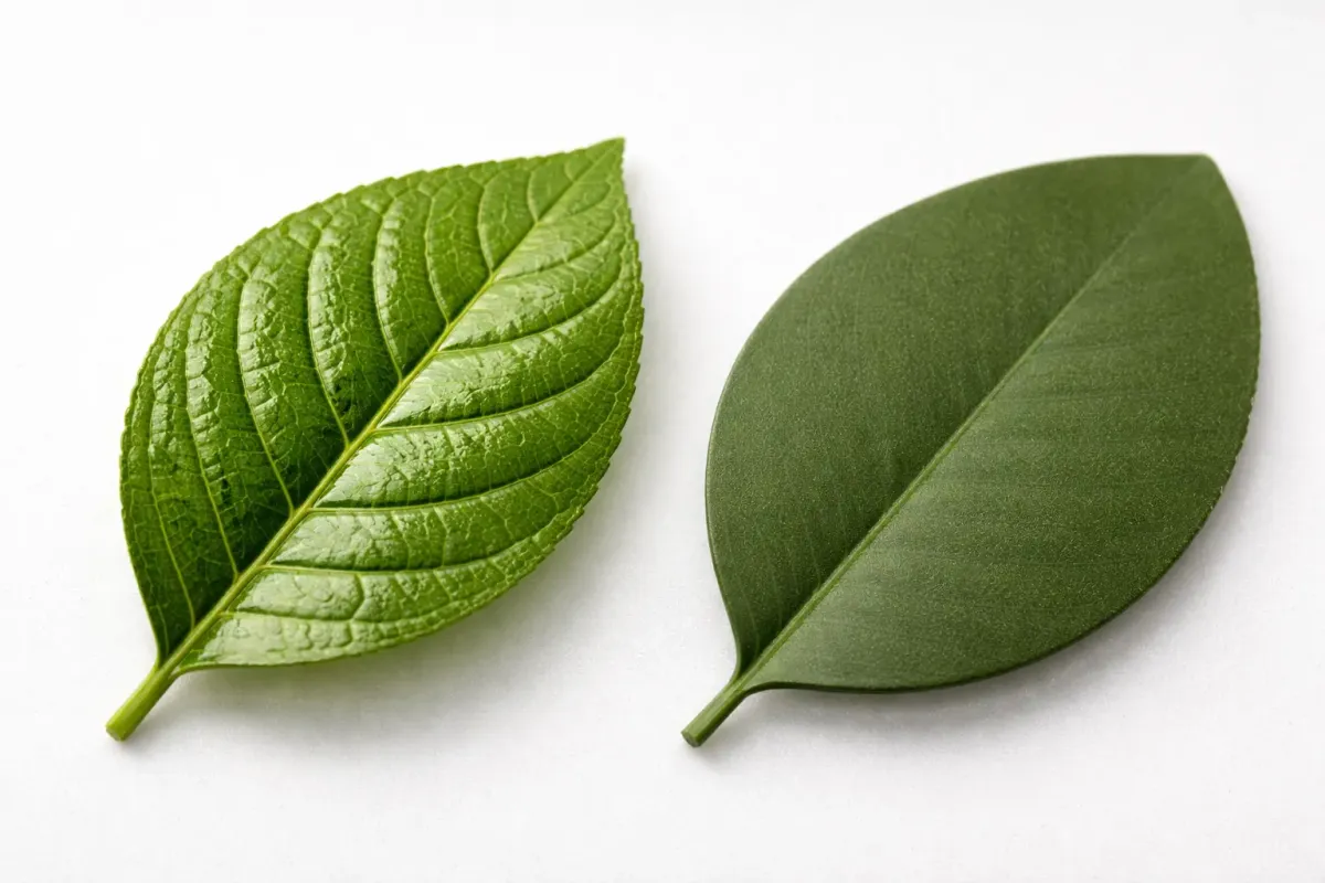 Two artificial plant leaves side by side — detailed PE leaf with realistic veining versus flat PVC leaf