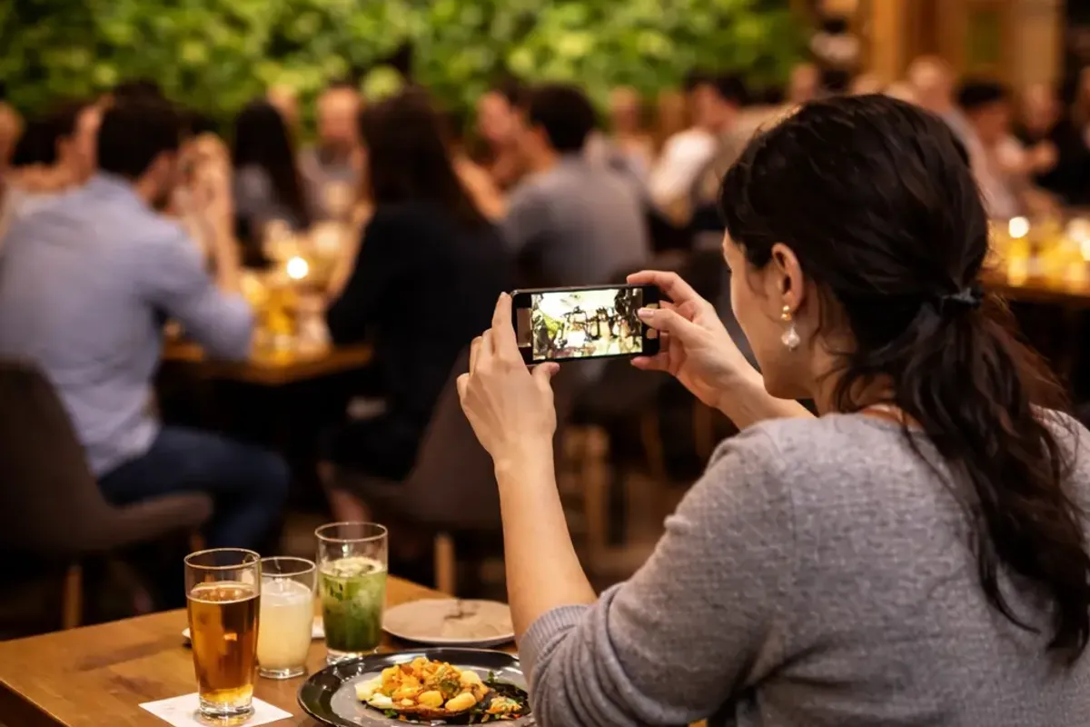 Diner photographing food on her phone in a busy restaurant with a full artificial green wall backdrop, warm atmospheric lighting