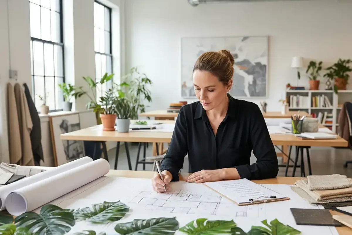 Interior designer at a large desk reviewing architectural drawings with artificial plant leaf samples spread out