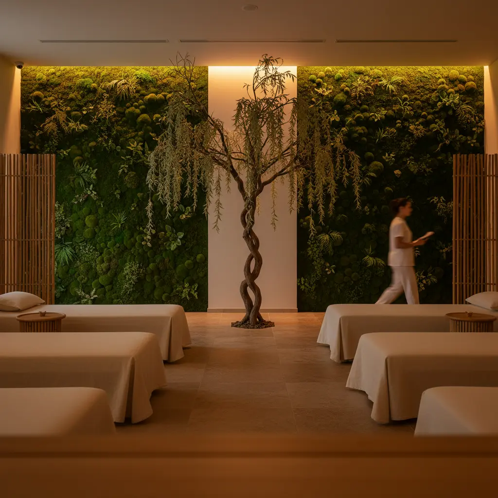 Bespoke spa installation featuring custom sculptural twisted tree and full floor-to-ceiling artificial moss walls with warm amber lighting
