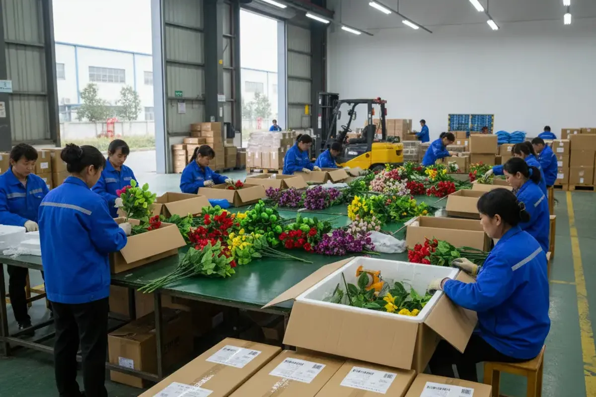 Export packaging area with custom foam-lined cartons being prepared for international shipment