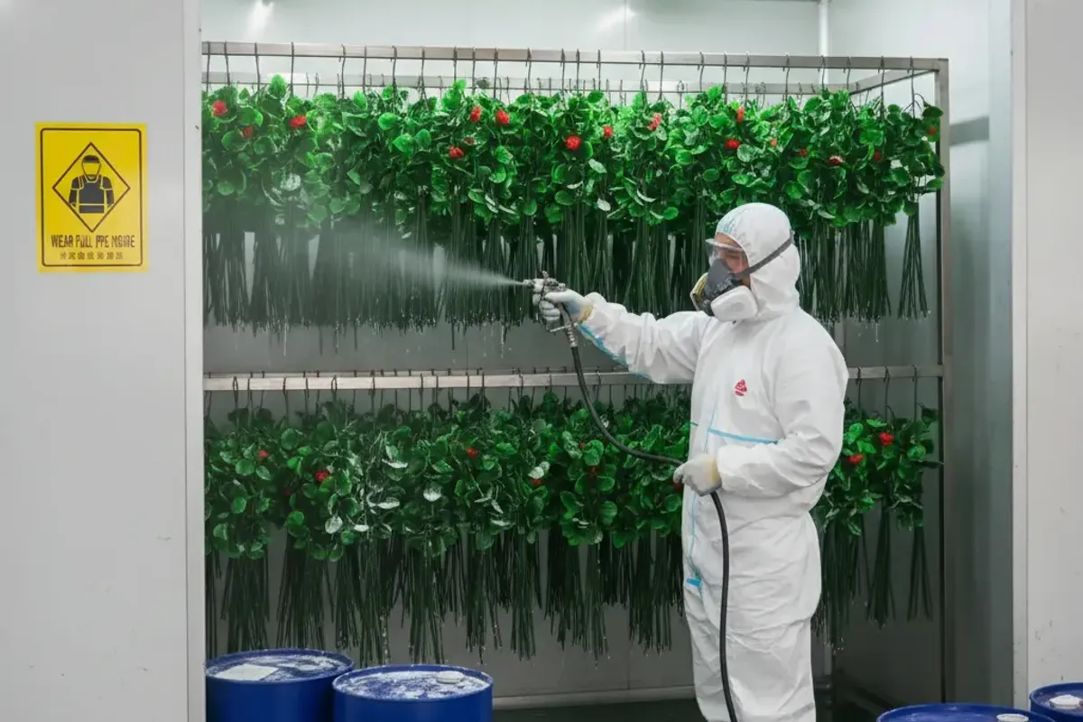 Fire treatment line where artificial plants are immersed in fire-retardant compound to achieve NFPA 701 certification