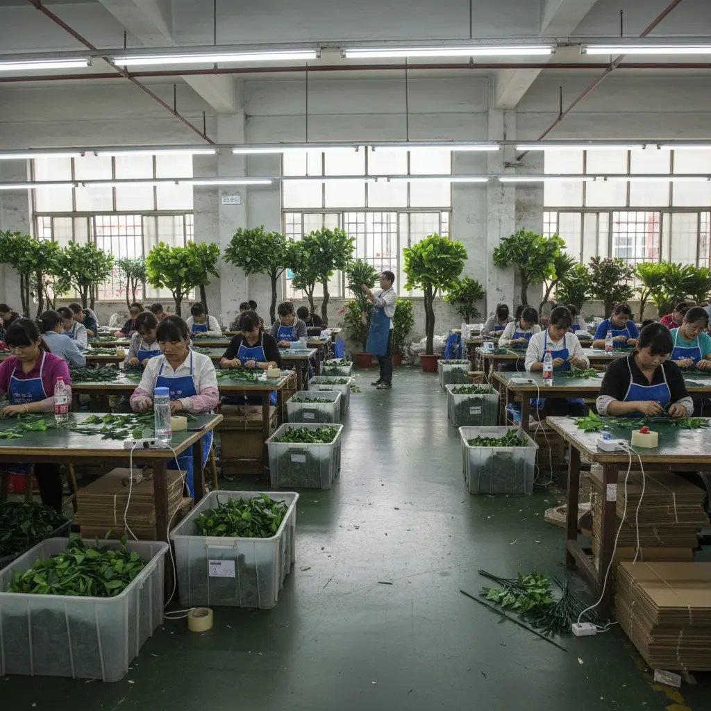LaySun factory floor with workers hand-assembling artificial plant foliage at workstations with finished trees visible in background