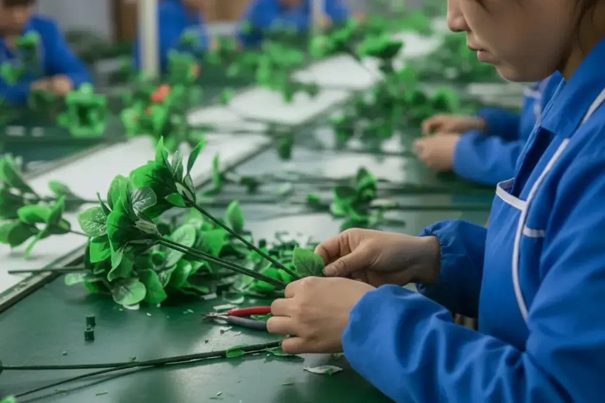 Skilled workers at hand-shaping stations wrapping and arranging artificial plant branches and foliage clusters