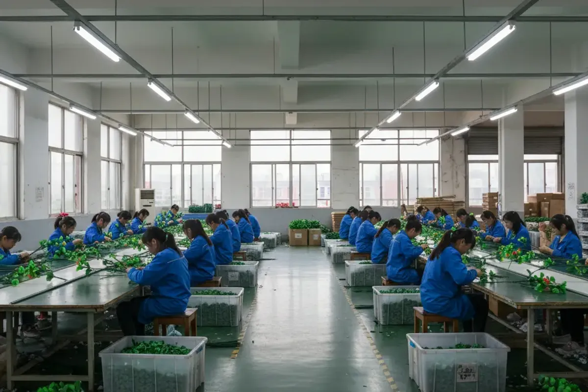LaySun production floor showing PE molding machines and workers assembling artificial plant foliage