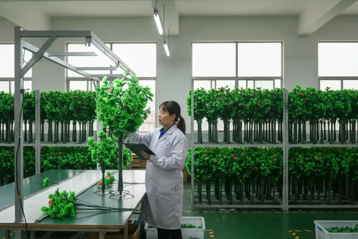 Quality control inspector reviewing finished artificial plant against 12-point checklist before export packaging