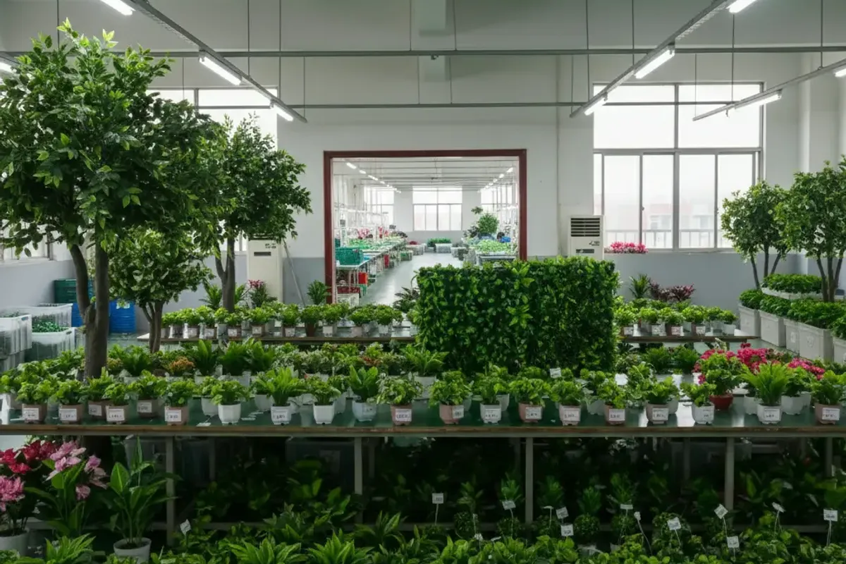 LaySun factory showroom displaying finished artificial trees and plants available for client preview visits