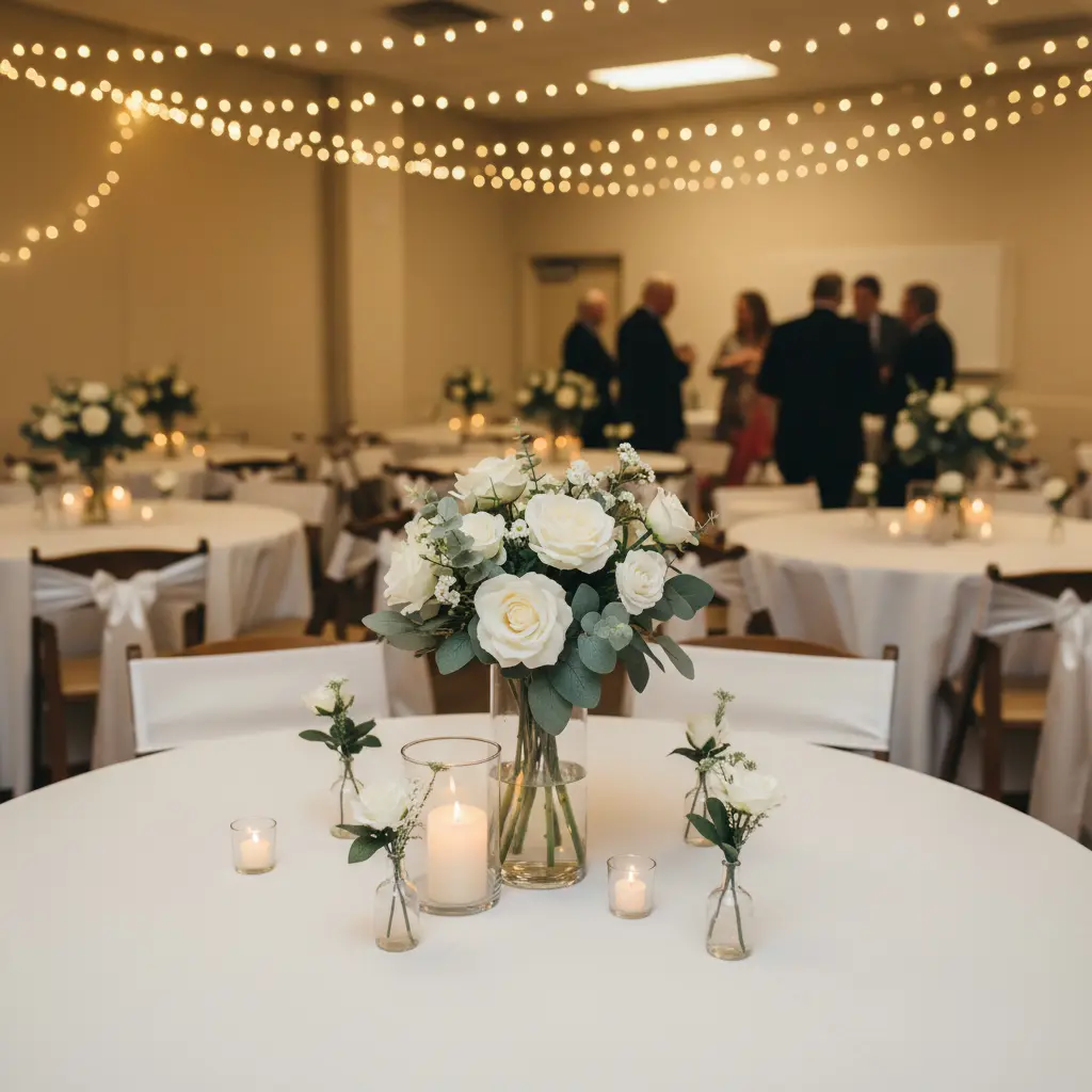 Simple wedding reception with artificial white rose and eucalyptus centerpieces on round tables with fairy lights overhead