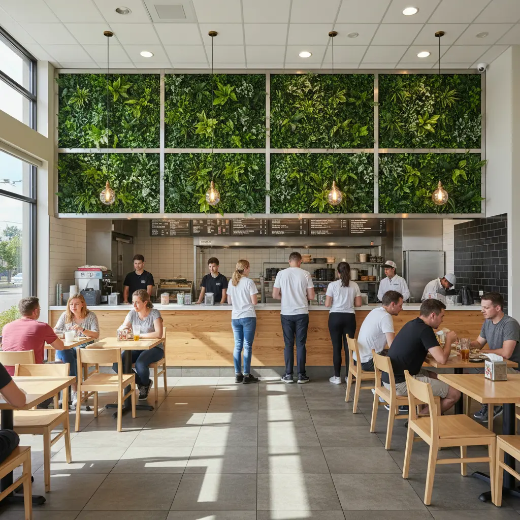 Modular artificial green wall panels installed above the counter of a busy fast-casual restaurant