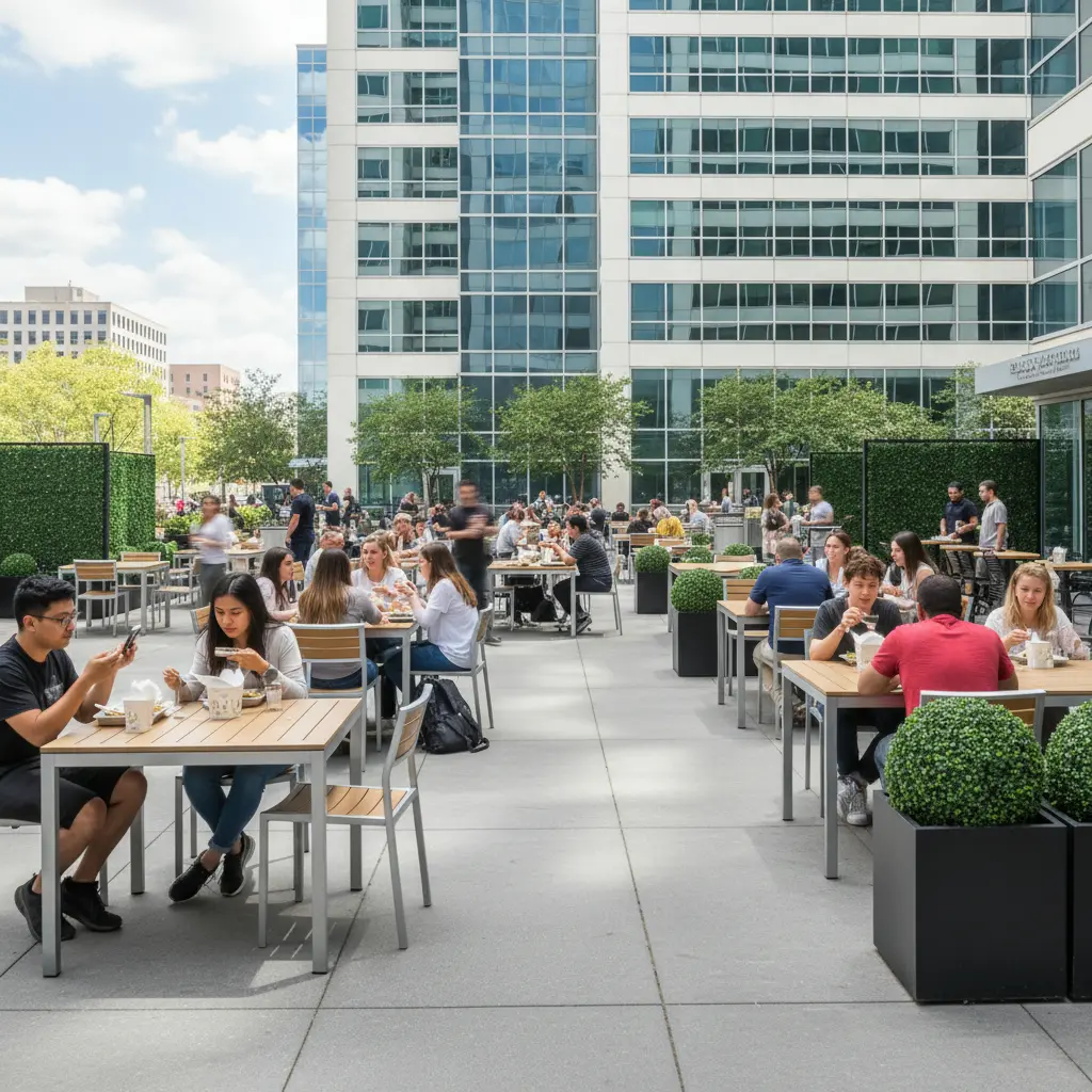 Busy commercial office courtyard at lunch with artificial boxwood hedge panels and topiary spheres in black planters dividing seating areas