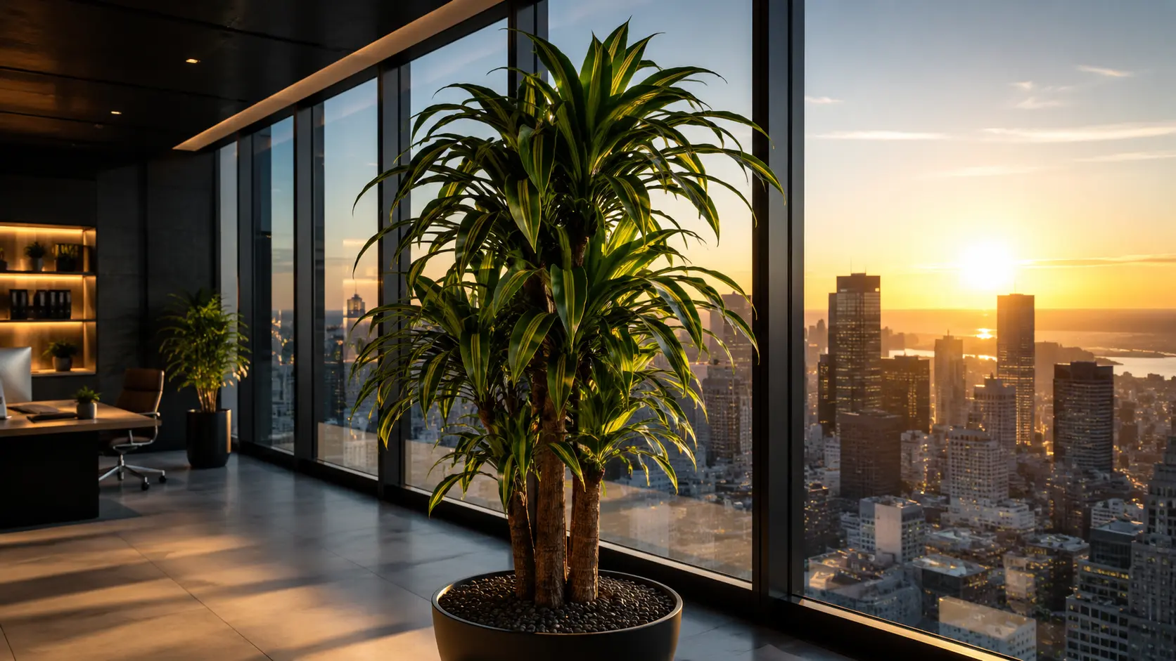 Artificial Dracaena tree in a contemporary high-rise office at sunset