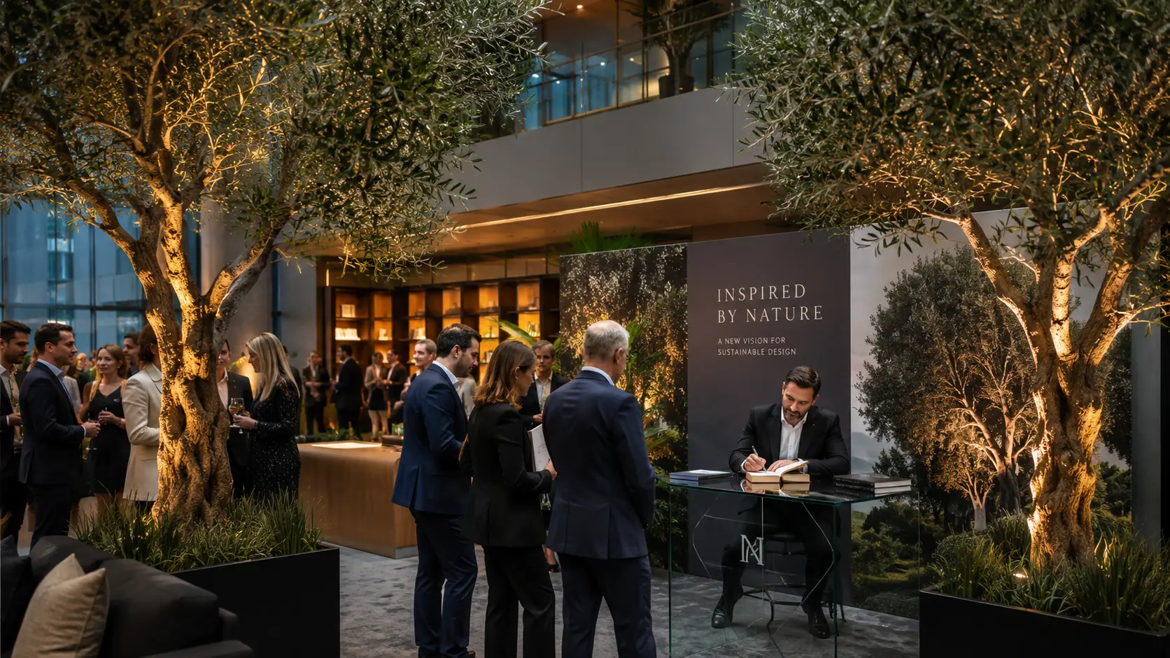 Large artificial olive trees framing an upscale commercial event