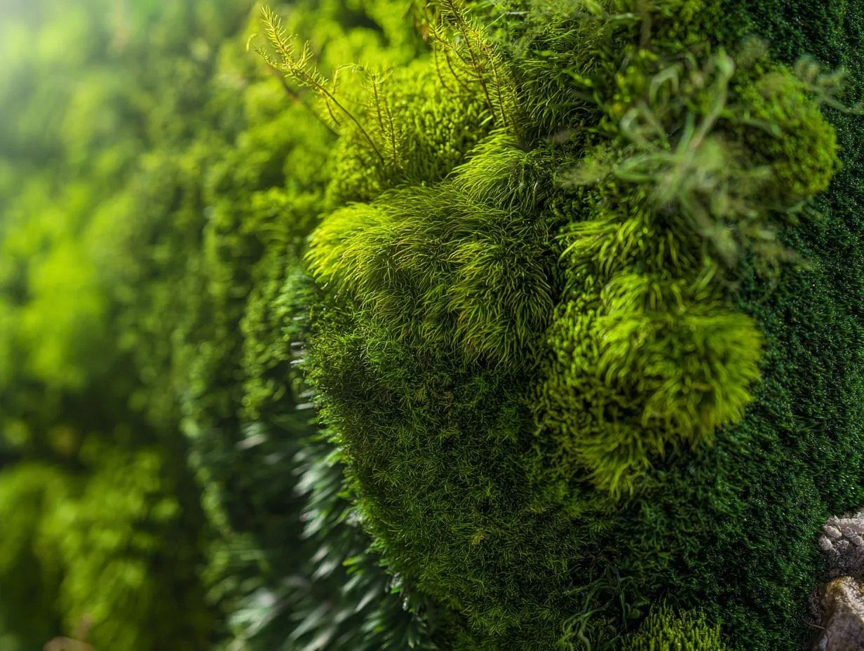 Artificial living wall system with lush green moss panels