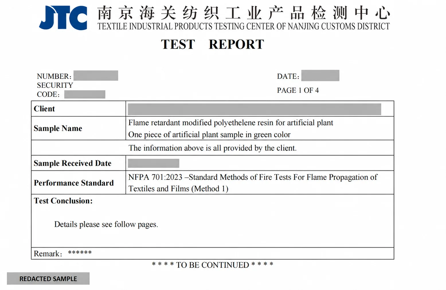 Redacted sample NFPA 701 Method 1 test report