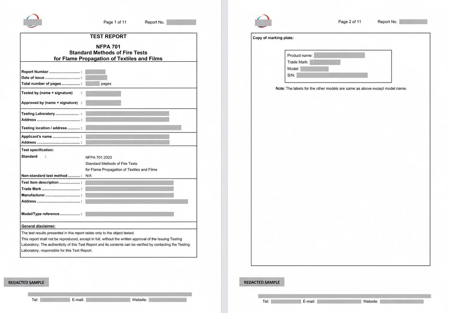Redacted multi-page sample NFPA 701 test report