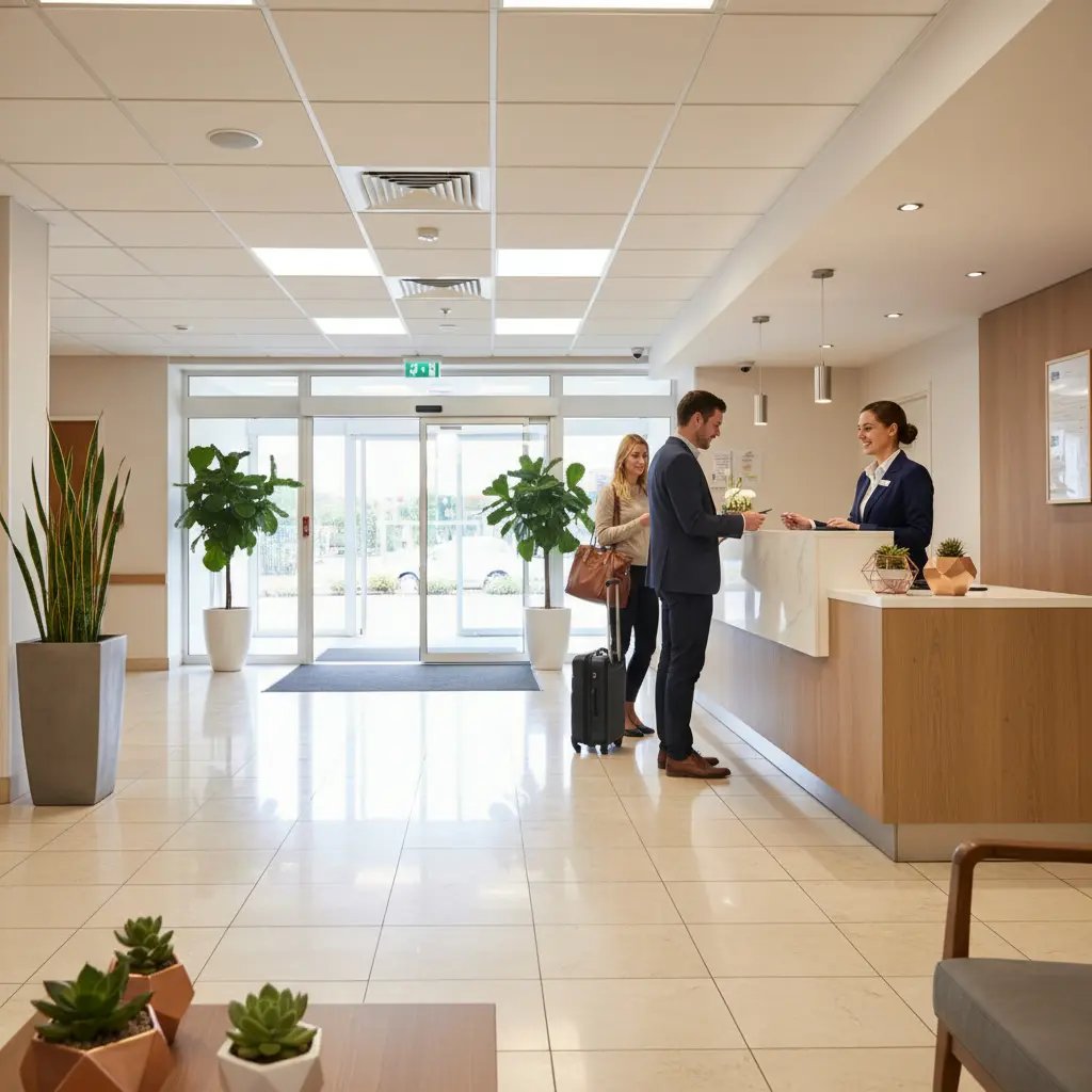 Artificial potted plants at varying heights in a mid-range hotel reception — floor planters, fiddle leaf figs, and desktop succulents