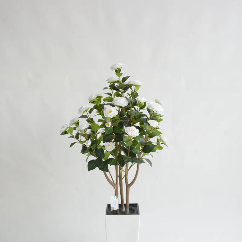 White Artificial Camellia Tree in square white pot