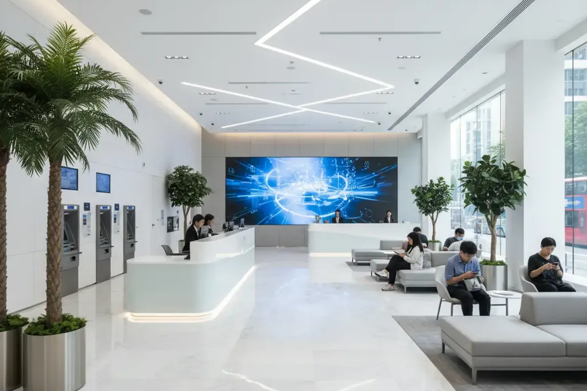 Modern bank branch lobby in Hong Kong with artificial palms and indoor trees in steel planters, customers waiting in bright white interior