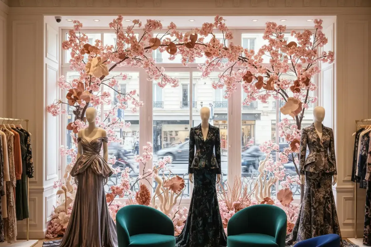 Luxury fashion boutique in Paris with artificial cherry blossom tree installations framing a window display with mannequins