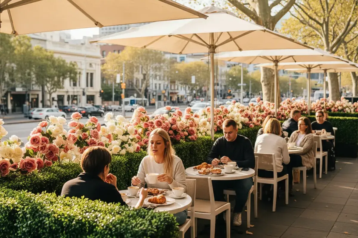 Outdoor café terrace in Sydney with artificial boxwood hedge borders and floral arrangements, customers dining under umbrellas
