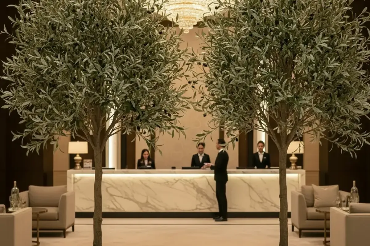 Two large artificial olive trees in stone planters framing a luxury hotel reception desk with chandelier above, staff and guests in background