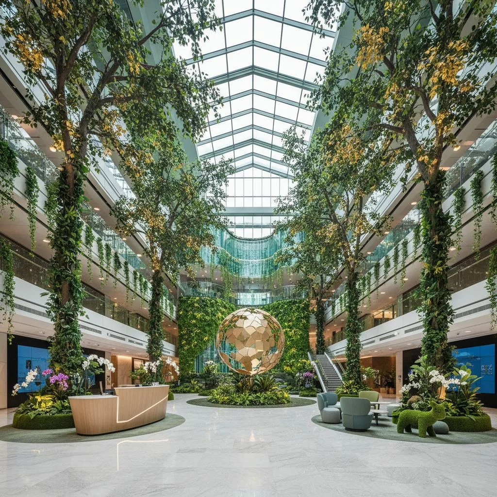 Corporate headquarters atrium in Singapore with tall artificial trees and green walls under a glass skylight