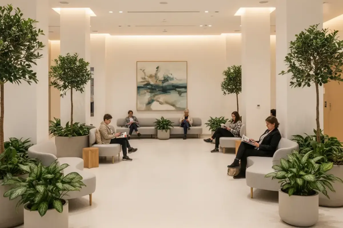 Private hospital waiting area in Toronto with artificial olive and ficus trees in concrete planters, patients seated in calm white interior