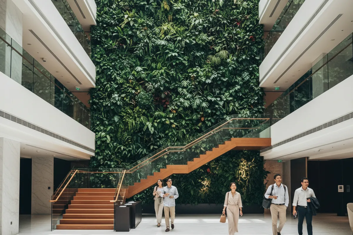 Hotel atrium in Singapore with a full four-storey artificial green wall behind an open staircase, employees walking through