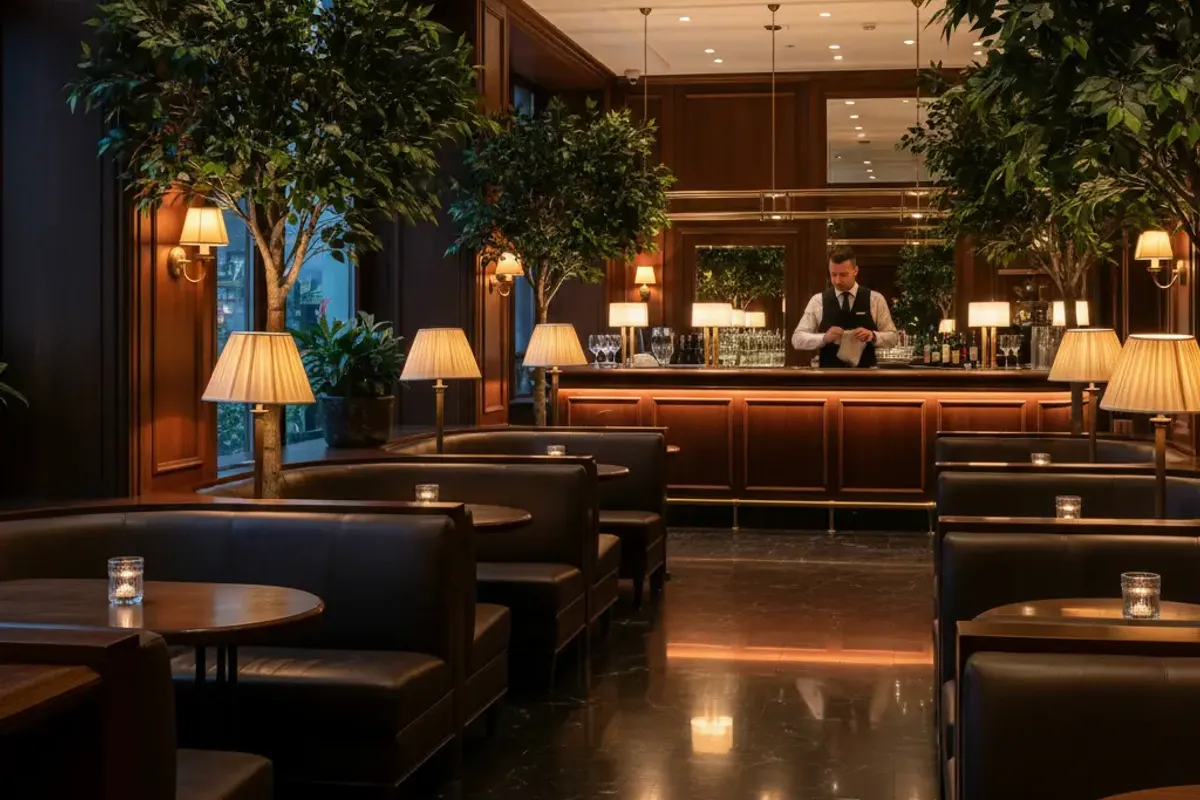 Hotel lobby bar in London with artificial ficus trees placed between dark leather booth seating, warm evening lighting
