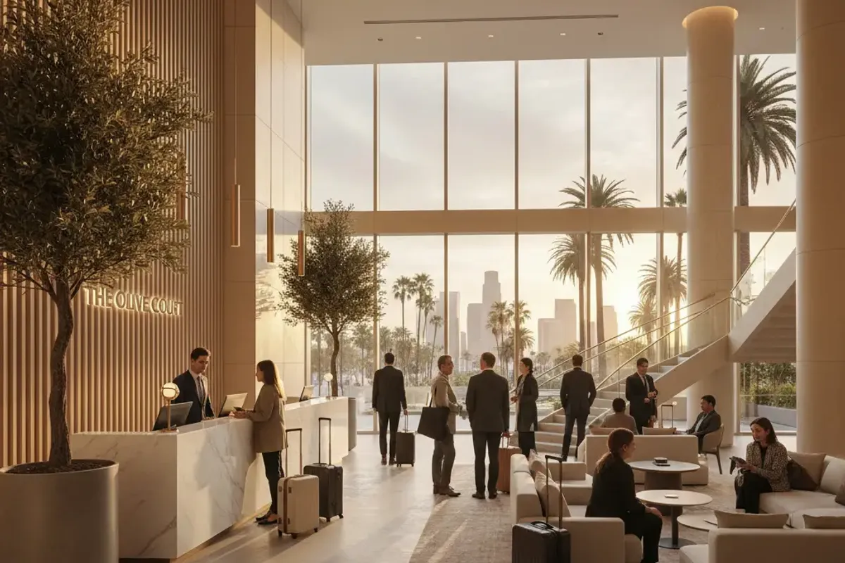 Luxury hotel lobby in Los Angeles featuring tall artificial olive trees in concrete planters beside a marble reception desk