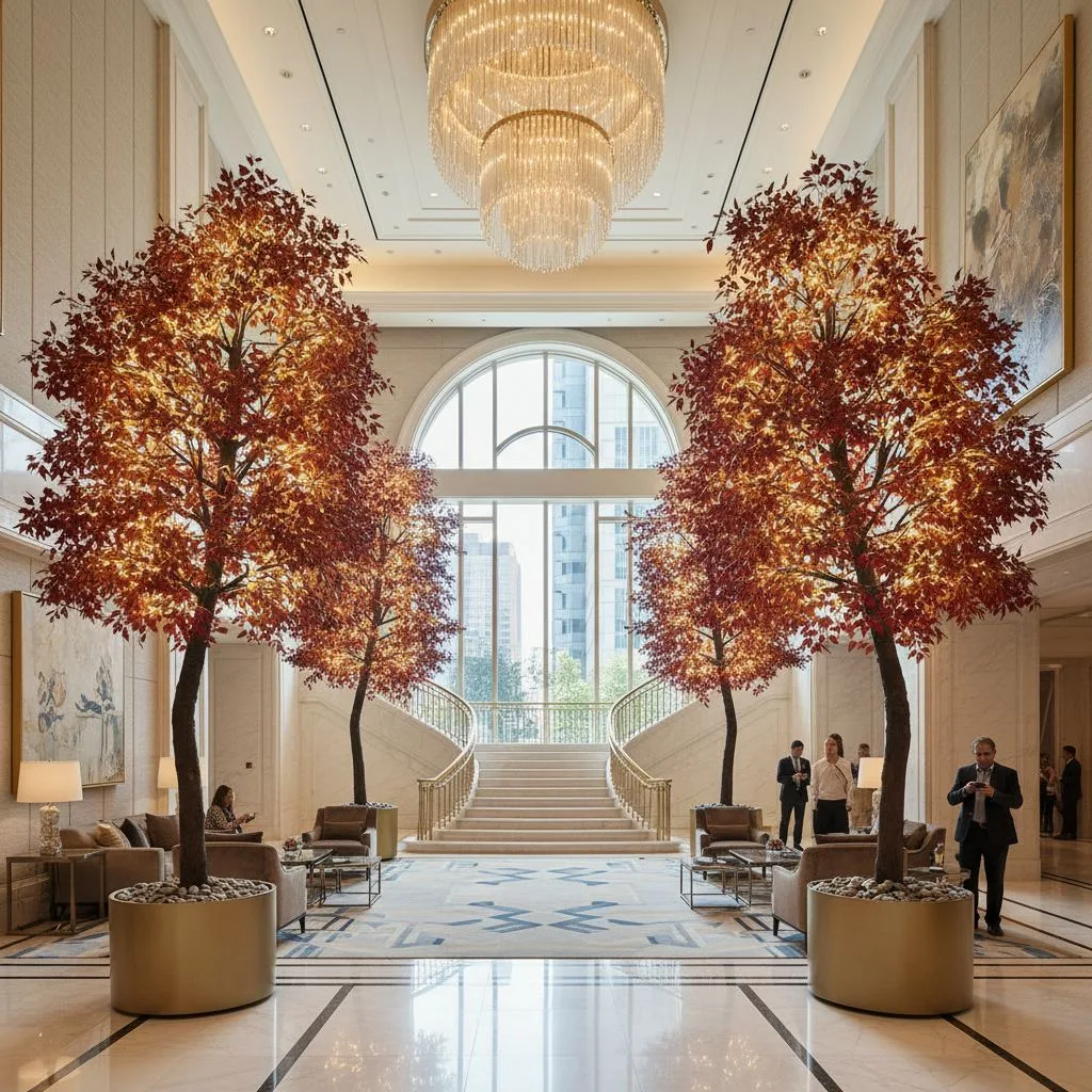 Luxury hotel lobby in Los Angeles featuring large artificial autumn trees in gold planters