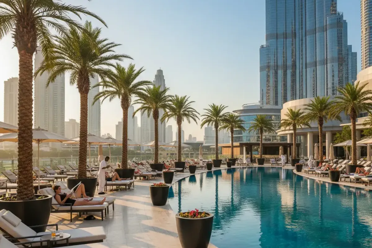 Luxury hotel pool deck in Dubai with rows of artificial palm trees in black planters lining the pool edge against a city skyline