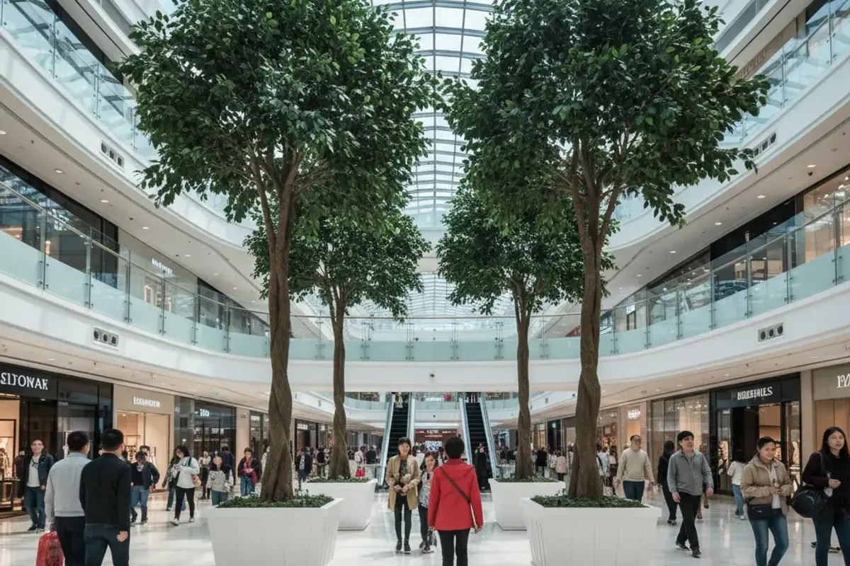 Shopping mall atrium in Shanghai with four large artificial ficus trees in white square planters, shoppers walking through under a glass roof