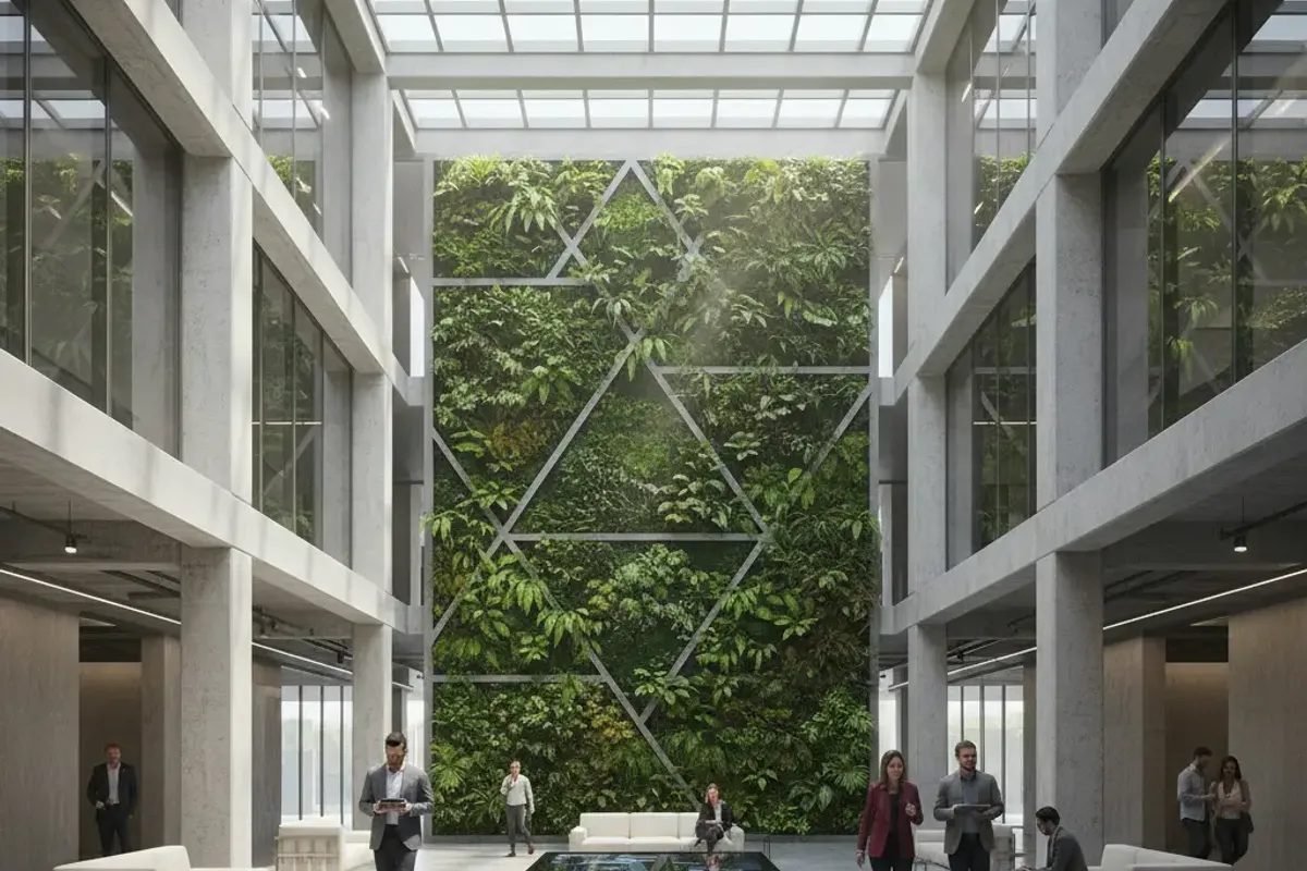 Corporate office atrium in San Francisco with a large artificial green wall behind a seating area under a glass skylight roof