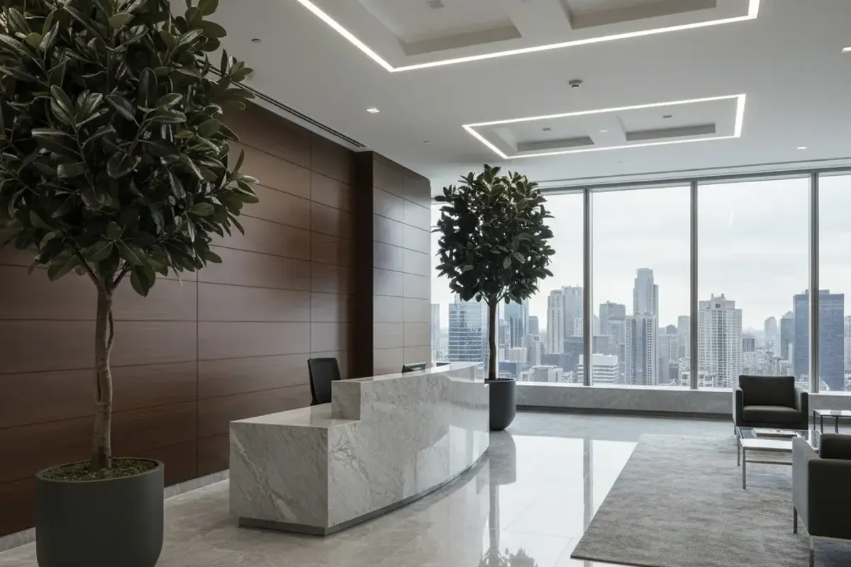 Corporate office reception in Chicago with two large artificial trees in dark planters flanking a marble desk, city skyline view