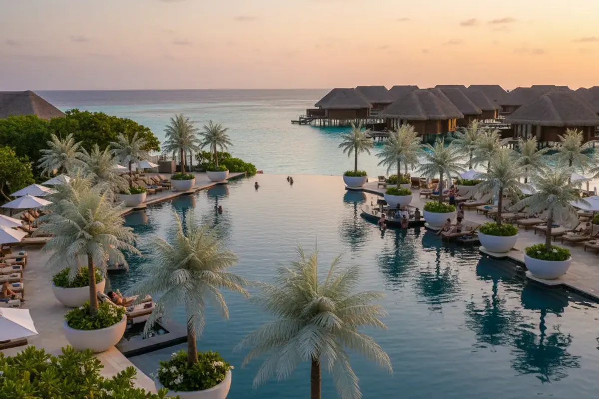 Tropical resort infinity pool in the Maldives with artificial palm trees in white planters, overwater bungalows visible at sunset