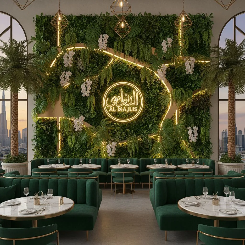 Fine dining restaurant in Dubai with lush artificial green wall and palm trees