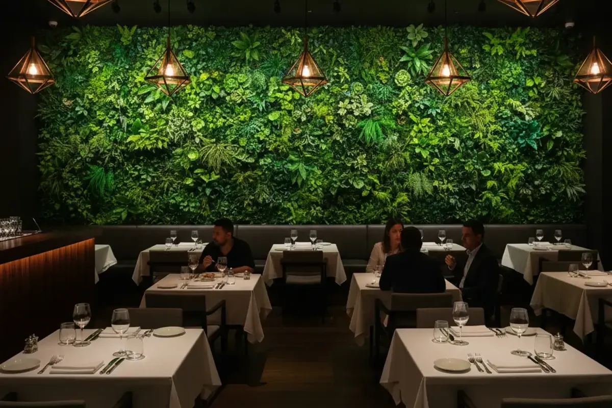Upscale restaurant dining room in Miami with a full artificial green wall feature behind banquette seating and copper pendant lights