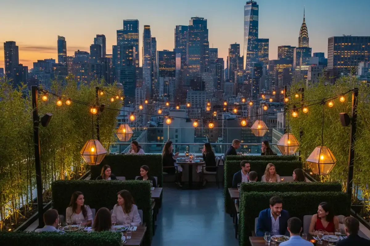 Rooftop restaurant in New York City with artificial hedge and bamboo dividers between dining tables, Manhattan skyline at dusk