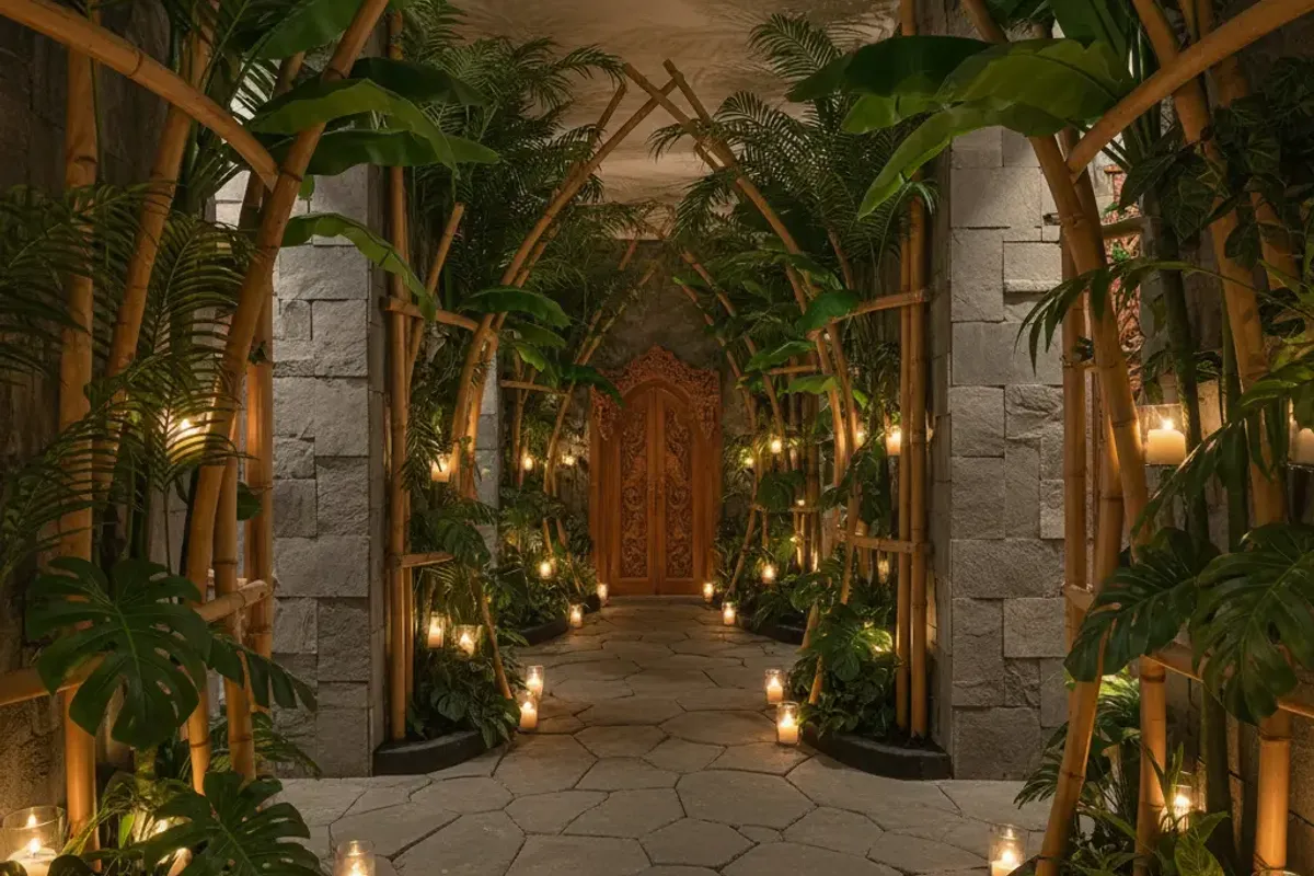 Balinese spa entrance corridor with artificial tropical bamboo, palm and monstera installations, stone floor and candle lighting