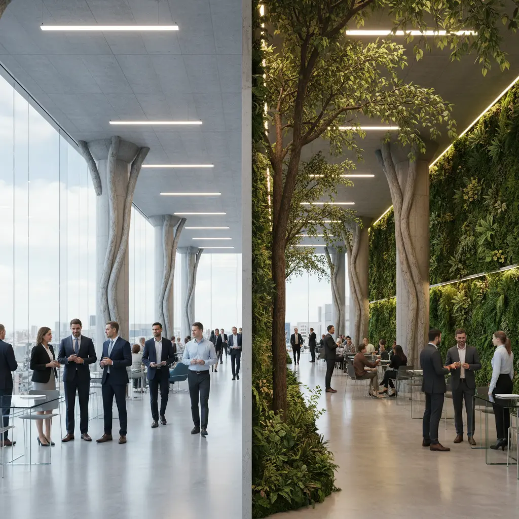 Before and after comparison of a corporate office space transformed with purpose-built artificial trees and living green walls
