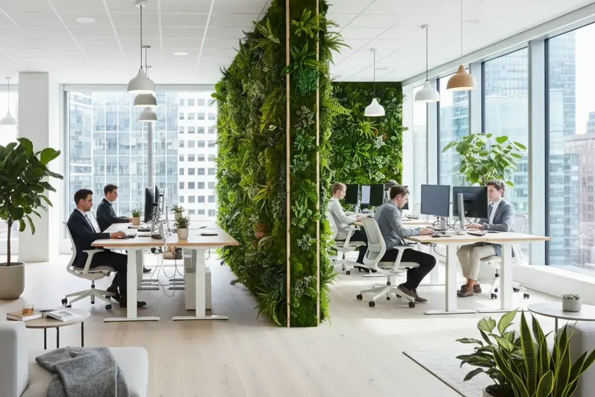 Modern open-plan office with artificial green wall divider panel between workstations, employees at desks, city skyline through windows