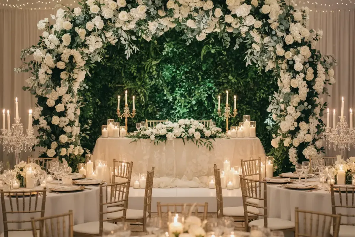 Elegant wedding reception with artificial floral arch and green wall backdrop behind a sweetheart table, fairy lights and candles throughout